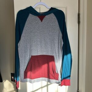 BDG Colorblock Hooded Long Sleeve with Teal and Red Accents
